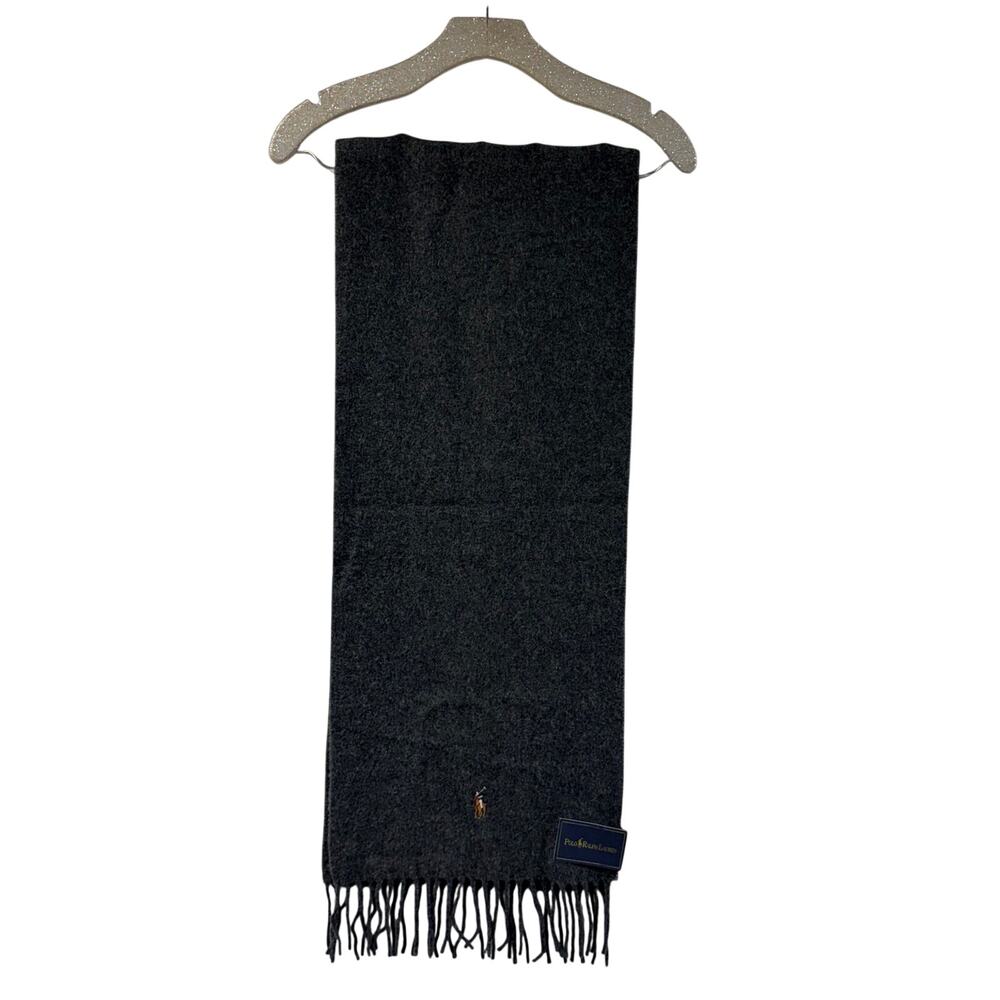 Polo Ralph Lauren Gray Frimge Trim Scarf Pony 100% Wool